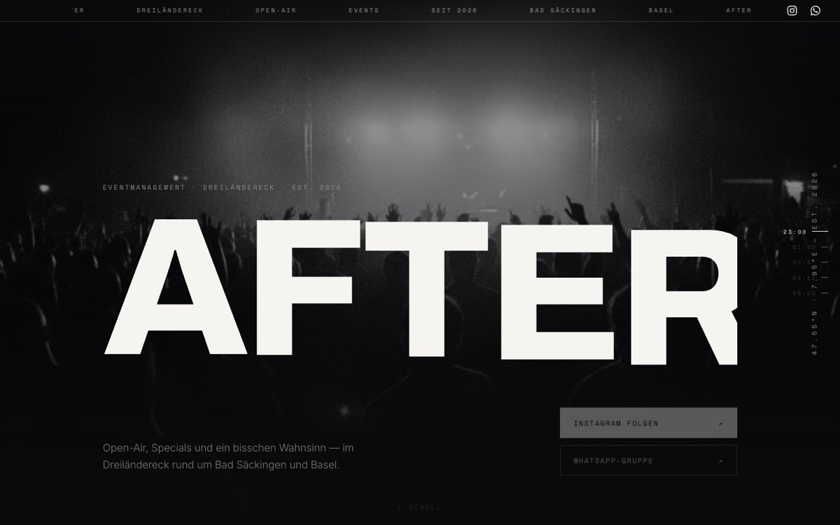 AFTER, Eventmarke: Startseite der Live-Website afterevents.de