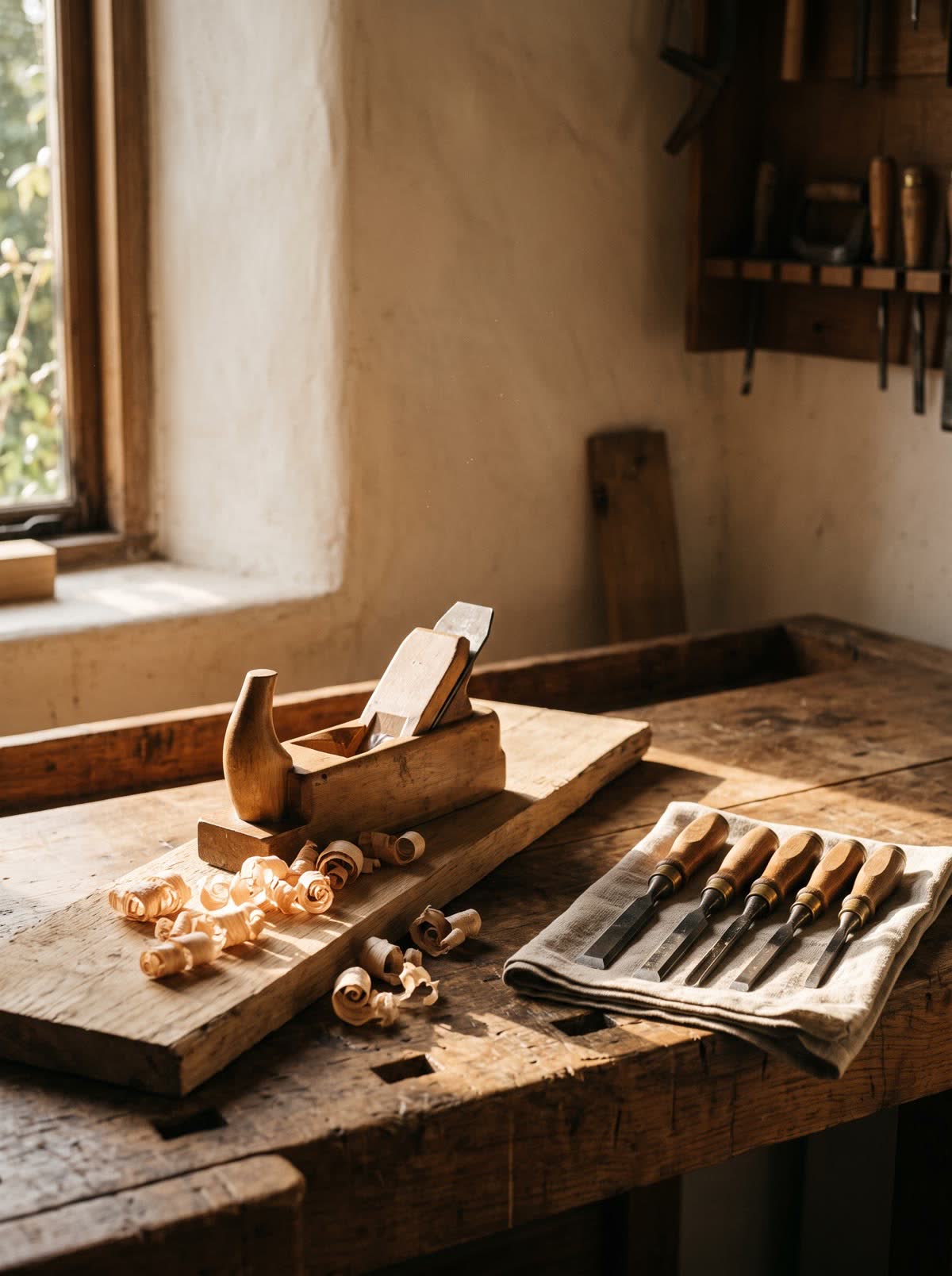Bildwelt Handwerk: Werkbank im Morgenlicht, KI-generiert