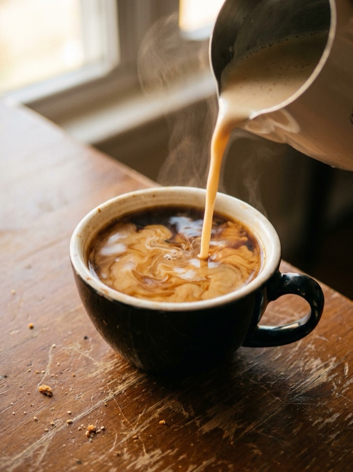 Kampagnenmotiv: Milch fließt in eine Kaffeetasse, KI-generiert