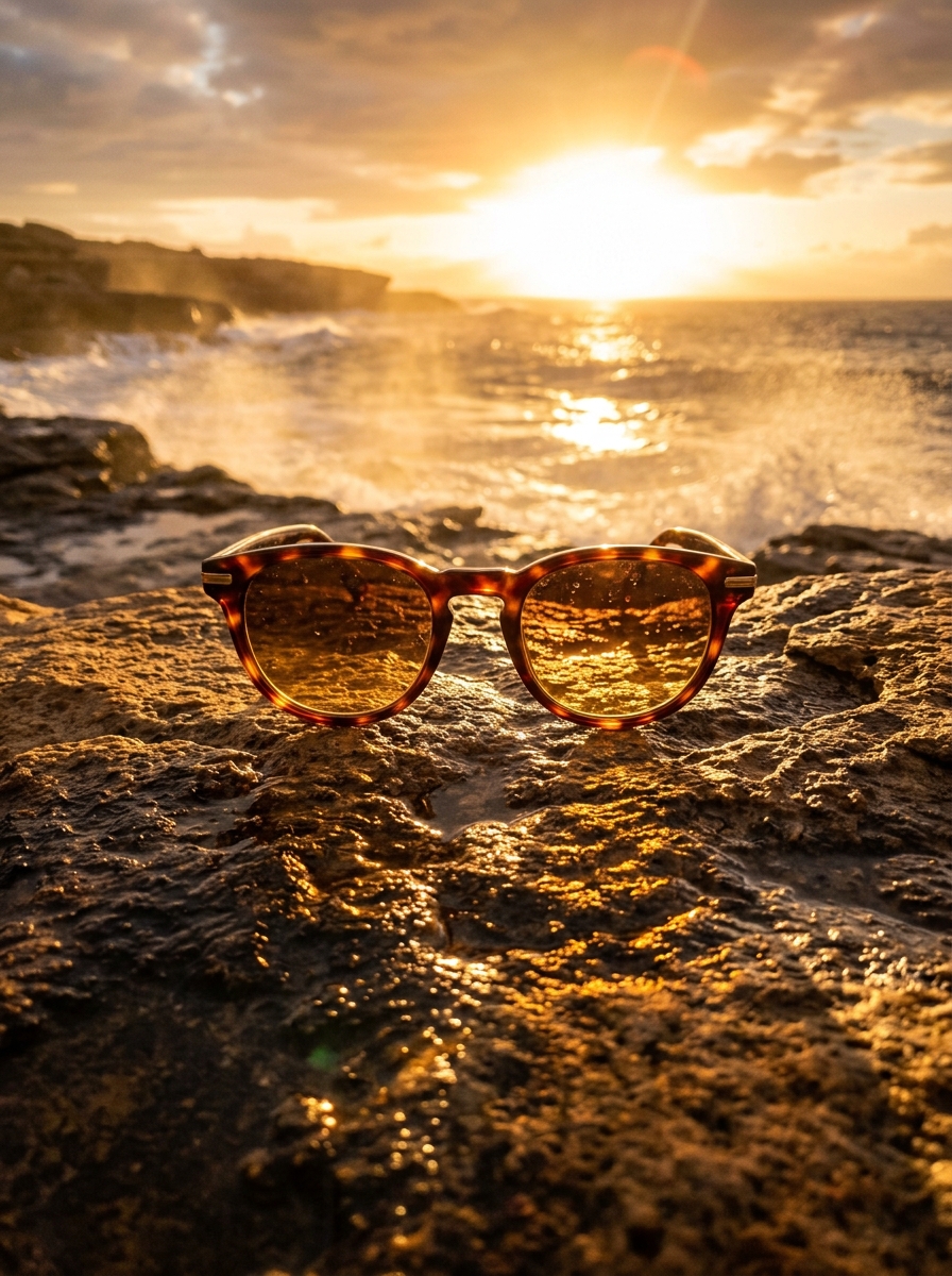 Eyewear-Kampagnenmotiv: Brille am Meer in der Abendsonne, KI-generiert