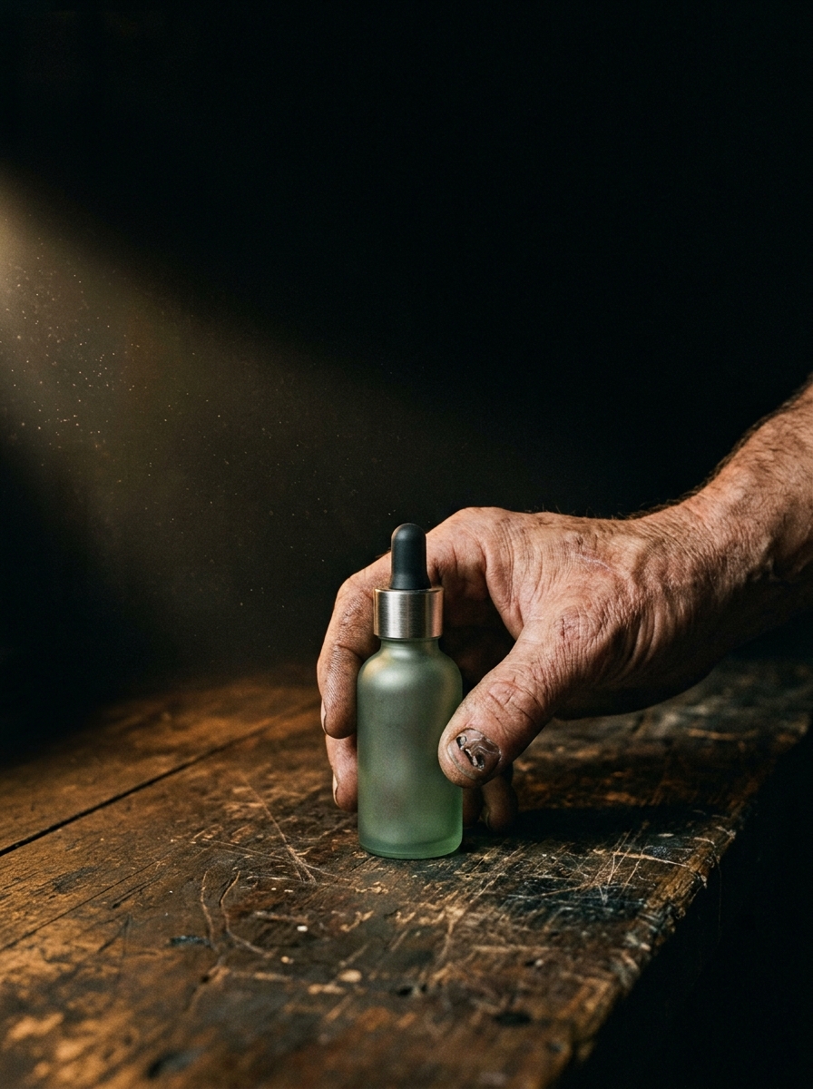 Eine Hand stellt die Serumflasche auf eine vernarbte Werkbank, eine Wolframlampe streift von links durchs Dunkel. KI-generiert.