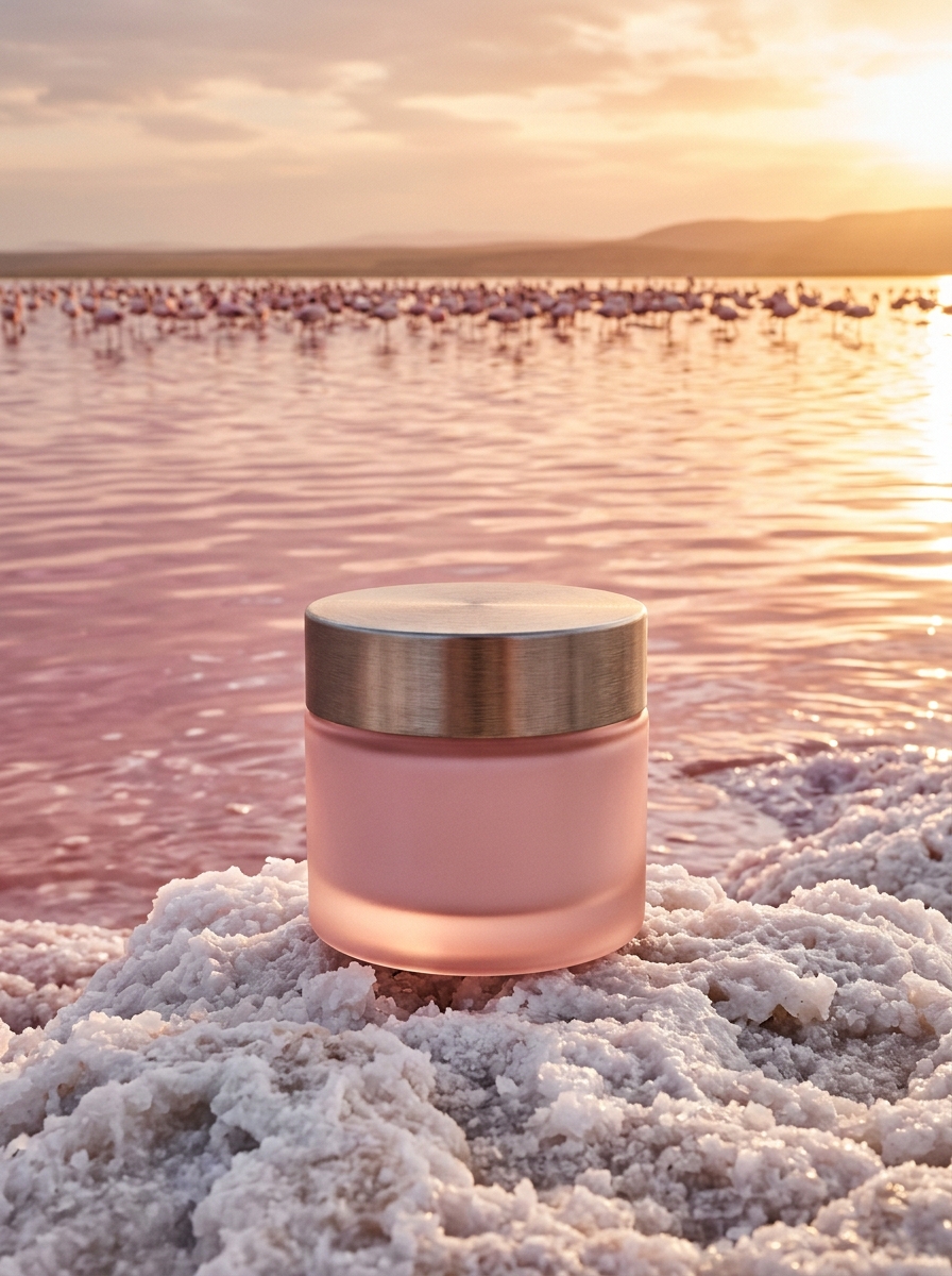 VELA, Konzept-Case: rosa Cremetiegel auf weißer Salzkruste am rosa Salzsee, ein Flamingoschwarm watet im Abendlicht dahinter.