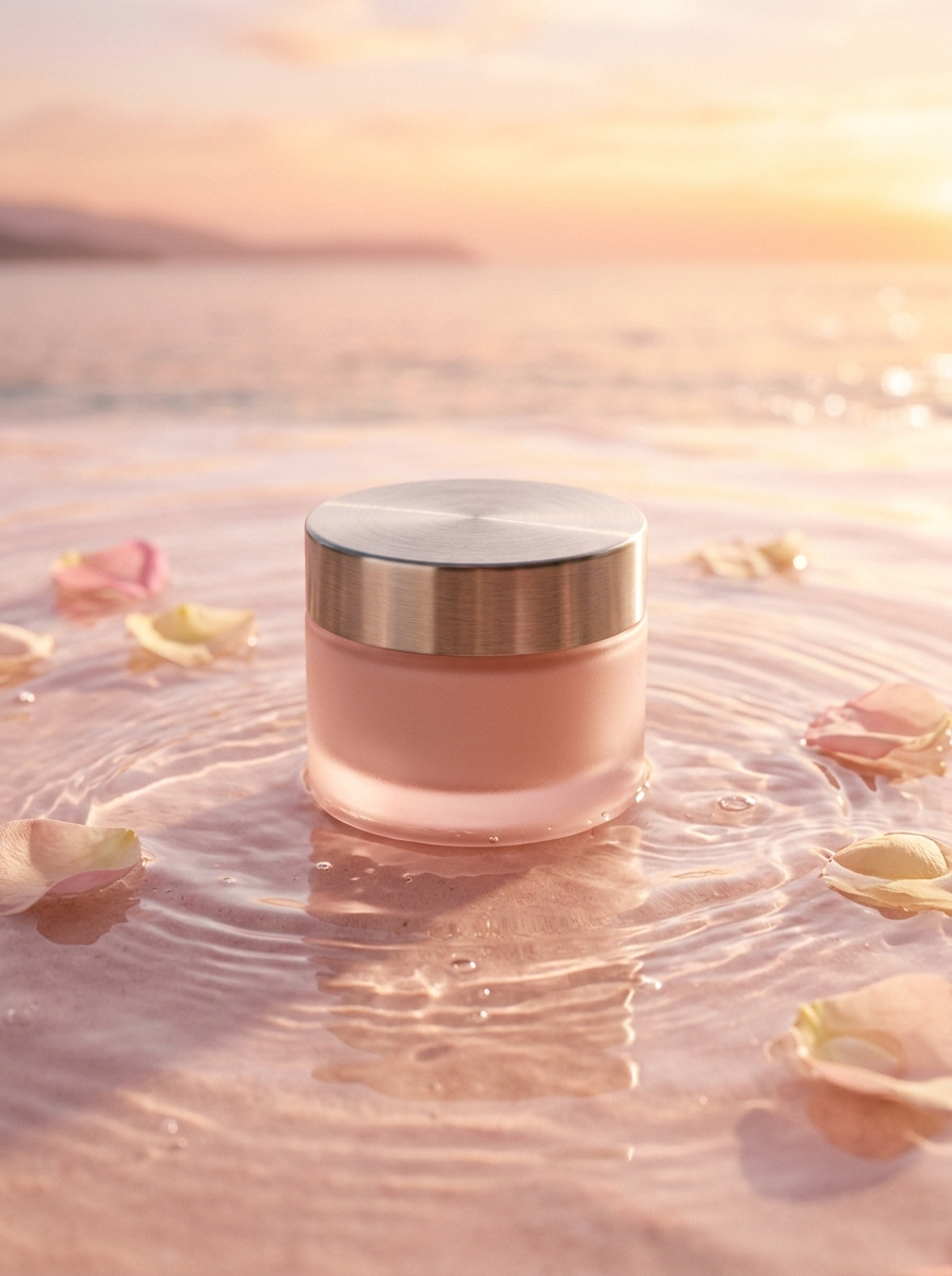 Kampagnenmotiv: Cremetiegel im rosa Wasser mit Rosenblättern, KI-generiert