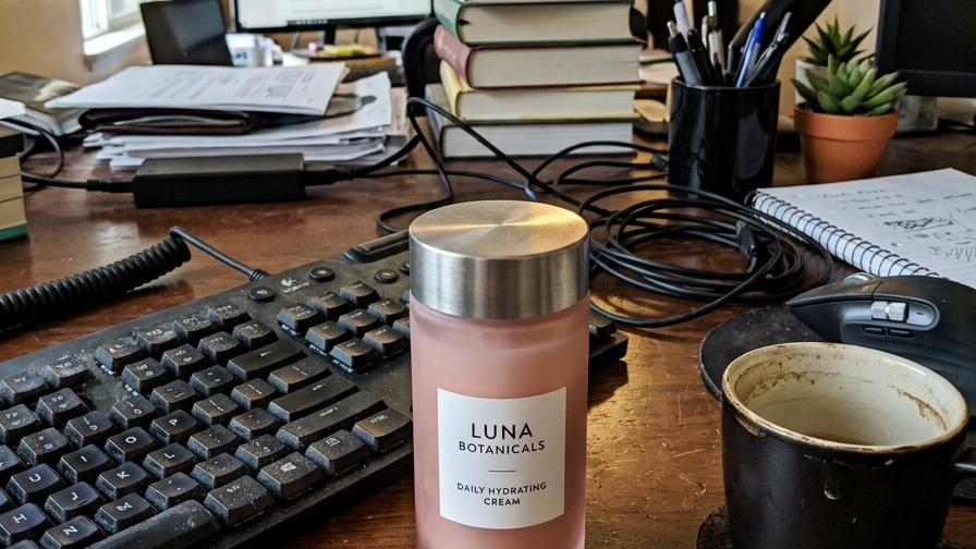 Handyfoto des rosa Cremetiegels auf einem unaufgeräumten Schreibtisch, Deckenlicht, leicht schief.