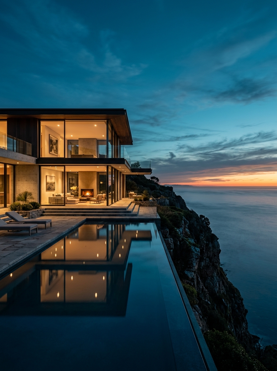 ATRIA, Konzept-Case: moderne Klippen-Villa in der Dämmerung, warm erleuchtete Glasfronten über einem spiegelnden Infinity-Pool.