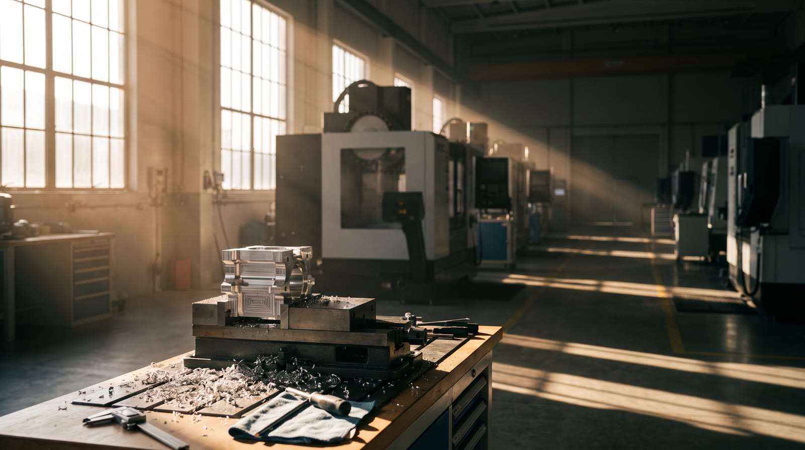 Kampagnenmotiv: CNC-Fertigungshalle im Morgenlicht, KI-generiert
